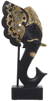 Elefantenkopf-Figur aus Kunstharz, Gold/Schwarz, 18x10x36 cm