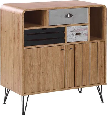 Obrázek produktu pro BELIANI Příborník šedá černá světlá barva dřeva dřevovláknitá deska kov 87 x 80 x 40 cm retro dřevo vzhled funkční praktický obývací pokoj