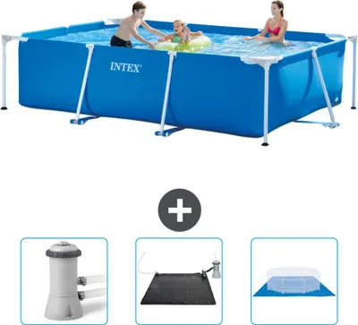 Produktbild von Intex-Schwimmbecken mit rechteckigem Rahmen – 300 x 200 x 75 cm – Blau – im Lieferumfang enthalten Filterpumpe für Schwimmbad - Solarmatte - Bodenplane