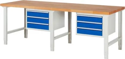 Produktbild von Werkbank mit 6 Schubladen - Vollauszug - 120:6 - höhenverstellbar 790-1.140 mm - 2.500 x 900 mm (BxT) - Traglast 750 kg - Buche