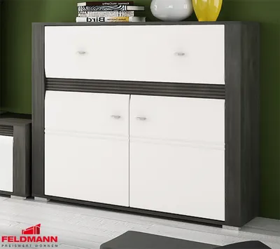 Produktbild von Kommode Anrichte 2-türig 109cm schwarzkiefer / weiß Hochglanz