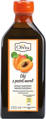 A bottle of Olvita cold-pressed apricot kernel oil.