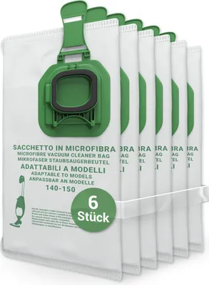 A stack of six white vacuum cleaner bags with green plastic connectors.