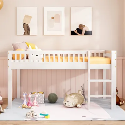Produktbild von Kinderbett 90*200 cm Massivholzbett mit Lattenrost,mit Sicherheitsleiter, weiße