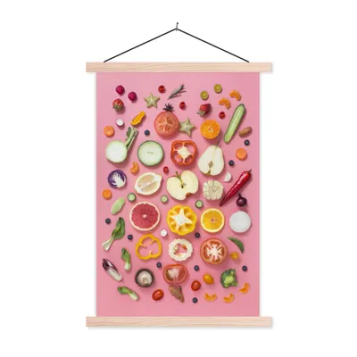 Produktbild von MuchoWow® Textilposter Gemüse - Obst - Rosa 120x180 cm mit holzfarbenen Rahmen - Textil-Plakat