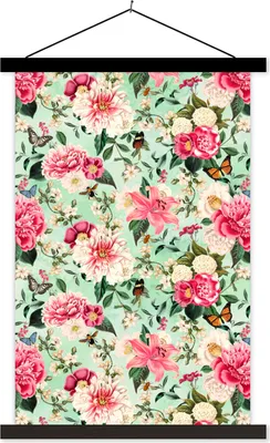 Produktbild von MuchoWow® Textilposter Blumen - Rosa - Schmetterling 60x90 cm mit schwarzem Rahmen - Poster Wohnzimmer