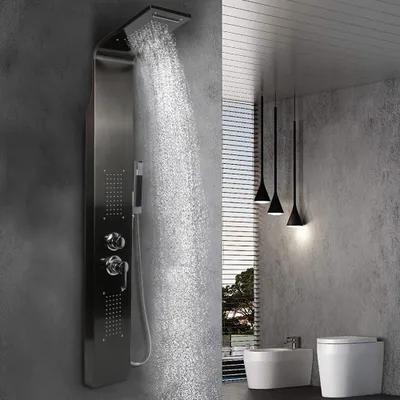 Produktbild von Duschpaneel Duschsäule Wasserfall Regendusche Massage  Wasserspar Duschköpfe Edelstahl Schwarz 140x20x7cm