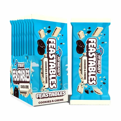 Produktbild von Feastables MrBeast Cookies & Creme – Weiße Schokolade mit Keksstücken – 10er Box – Ideal als Geschenk (10x60g)