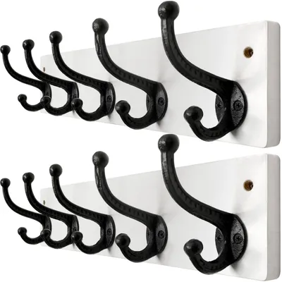 Immagine prodotto di Asta appendiabiti con 5 ganci, in legno massello e ghisa, colore bianco, confezione da 2 pezzi, lunghezza 44 cm