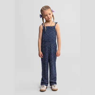 Produktbild von Minoti Mädchen Overall Jumpsuit Elasthan Dunkelblau mit Blumenmuster - Kinder Overall für Alltag und Freizeit