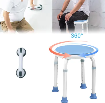 A collage of images showing a shower stool and a grab bar, with one image demonstrating the stool's 360-degree rotation.