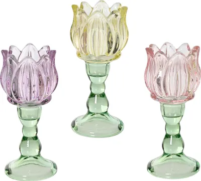 Zdjęcie produktu dla Tealight szklany kwiat 3 kolory H16cm Ø7cm Zestaw 3 dekoracji