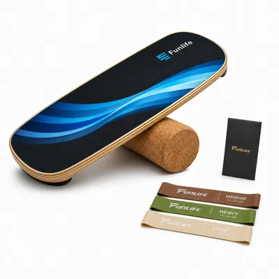Produktbild von FunLife WAVE Balance Board Set mit Korkrolle & 3 Fitnessbändern, Gleichgewichtstrainer aus Birkenholz für Core-, Balance- & Krafttraining zu Hause, KI-generiertes Bild