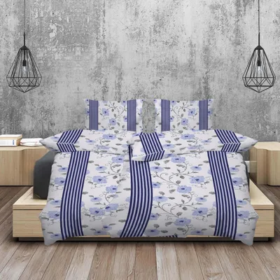 Produktbild von Winter-Bettwäsche Biber, 100% BW, 135x200, Weiß/Blau mit Streifen & Blüten 4tlg.