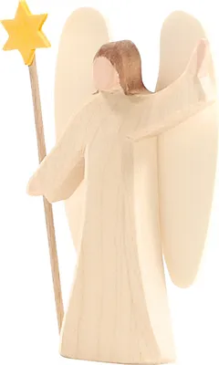 A small wooden angel figure holding a star on a stick.