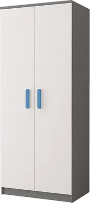 Produktbild von Kinderzimmer-Set Schrank Bett Wandregal Kommode Schreibtisch Nachttisch blaue Griffe Jonas II 01 (Grau/Weiß)
