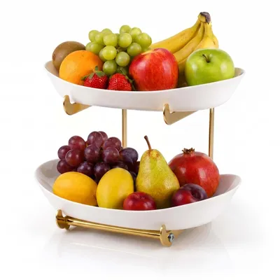 Produktbild von Roxlin Obst Etagere 2-stöckig, Kunststoff Obstschale mit goldenem Metallgestell für Küche, Arbeitsplatte & Geschenk, Höhe 22 cm, Gold