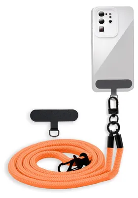 A phone case with a lanyard and a separate attachment piece, presented on a white background.