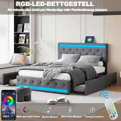 Produktbild von ProximaX Polsterbett 160x200 cm, Doppelbett mit Type-C/USB-Anschlüssen und 4 Schubladen, Stauraumbett für Jugendliche mit Lattenrost und LED, Funktionsbett aus Massivholz, Leinen, Grau