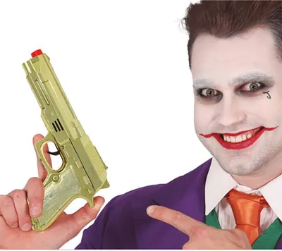 Productafbeelding van Superhelden, avonturenfiguur, gouden pistool, stijlvolle komedie, wapen, politie-accessoire, Halloween-rekwisiet, 22 cm. Heldenhaft decorstuk, kleur: goud