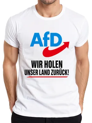 Immagine prodotto di AfD: "Riprendiamoci il nostro paese". Maglietta da uomo, bianca, taglia L, con scritta patriottica e tono sarcastico