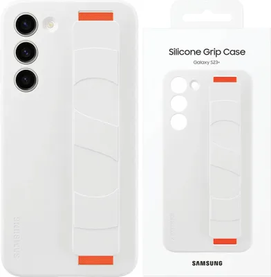 A product image showing a white silicone grip case for a Samsung Galaxy S23+ phone, displayed next to its packaging.