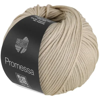 A ball of beige yarn with a black label.