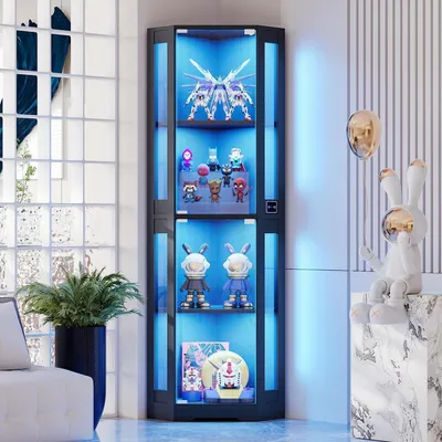 Obrázok produktu pre Rohové vitríny s výškou 165 cm, s LED osvetlením a senzorom pohybu, čierna farba, 4-úrovňové