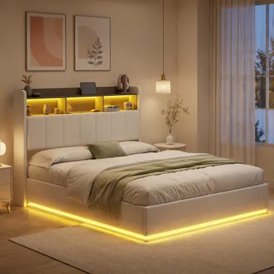 Obrázok produktu pre INONEFT čalúnená posteľ 160x200 cm s LED osvetlením, USB portmi, typom C a zásuvkami, posteľ s pružinovým roštom a úložným priestorom, dvojlôžko s úložným priestorom, farba: biela