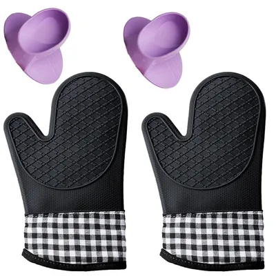 Image de Gants de four, lot de 4, résistants à la chaleur jusqu'à 300°C, antidérapants, couleur noire