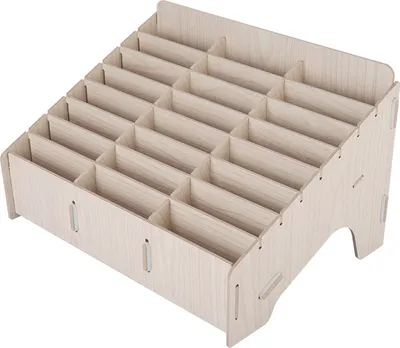 A wooden desk organizer with multiple compartments.