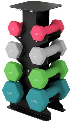 Produktbild von Hexagon rutschfest mit Ständer, Kurzhantel Set 8 Hanteln 1–4 kg, Kunststoffbeschichtung, Rosa Grau Grün | Bodenfreundlich | 8 Stück | 1–4 kg