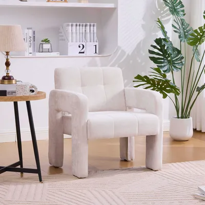 Image de MODFU Fauteuil Beige - Fauteuil d'appoint en Tissu Chenille avec Coussin et Housse Amovible - Confort Assise en Mousse et Ressorts