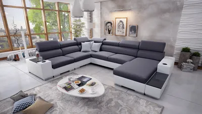 Produktbild von Wohnlandschaft in U-Form PERS VIII Ecksofa Rechts Eckcouch mit Schlaffunktion Grau Stoff SAWANA 96 + weißes Kunstleder