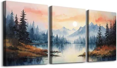 Produktbild von Famanu Wandbilder Set aus 3 – Sonnenuntergang Landschaft Aquarell – Wanddekoration Wohnzimmer/Schlafzimmer/Küche