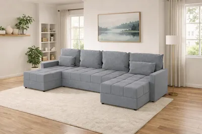 Zdjęcie produktu dla Duży narożnik DOMINO U z funkcją spania i pojemnikiem na pościel sofa do salonu