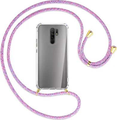 Produktbild von Handykette Backcover-Schutzhülle mit Band (Metall goldfarben) für Xiaomi Redmi 9 - lila/rosa/blau