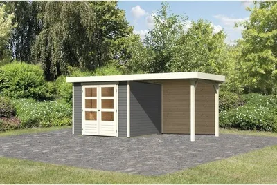 Produktbild von Gartenhaus Karibu Kodiak 3,5 inkl. Schleppdach 2,4 m und Rückwand 491 x 262 cm terragrau