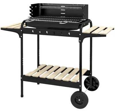 Produktbild von Holzkohlegrill aus Metall BBQ Smoker mit Räder, höheverstellbar Grillrost, Holzablage 103x47x95 cm Schwarz