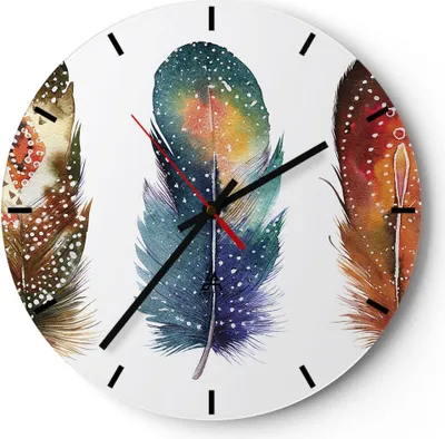 Produktbild von Wanduhr - Rund - Glasuhr - Feder Vogel Farbe - 30x30cm - Schleichendes Uhrwerk - Lautlos - zum Aufhängen bereit - Dekoration Modern - Wanddekoration aus Glas - C3AR30x30-4927