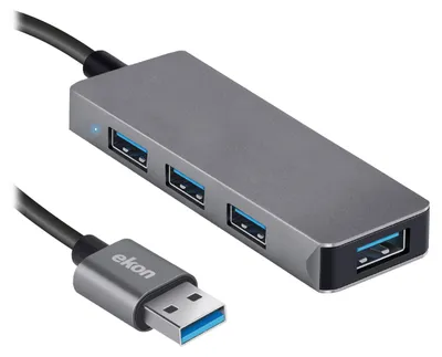 Image de EKON HUB avec 3 ports USB-A 2.0, 1 port USB-A 3.0 et câble d'alimentation USB-A