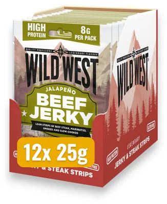 Produktbild von 12x Wild West Jalapeño Beef Jerky 25g – Scharfer Trockenfleisch Snack mit Jalapeño und BBQ-Würze
