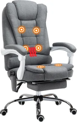 Image de Vinsetto Fauteuil de bureau massant et chauffant, chaise de bureau, chaise ergonomique avec hauteur réglable, dossier inclinable et télécommande filaire, pivotant à 360°, en toile de lin, gris