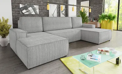 Produktbild von Wohnlandschaft mit Schlaffunktion Totti - U-Form Couch, Schlafsofa mit Bettkasten, Couchgranitur mit Bettfunktion, Big Sofa, Cord Stoff, Wohnzimmer (Grau (Poso 110))
