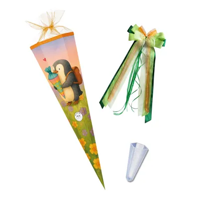 Produktbild von Nestler Schultüte Pinguins Zuckertüte, 85 cm 6-eckig mit Tüll, inkl. Schleife und Spitzenschutz
