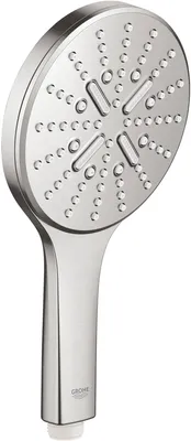 A silver hand shower head with multiple spray nozzles.