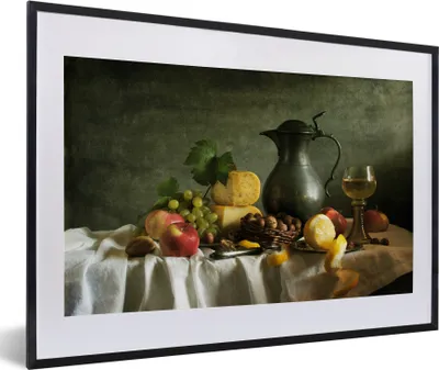 Produktbild von MuchoWow® Gerahmtes Poster Rustikal - Käse - Teekanne - Obst - Stilleben 60x40 cm - Poster mit Schwarzem Bilderrahmen Wandposter Rahmen Foto Bilder - Schlafzimmer - Plakat in Rahmen - Drucken