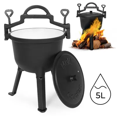 Zdjęcie produktu dla Kociołek żeliwny emaliowany 5L stojący garnek myśliwski ognisko grill MultiGarden