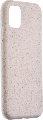 A close-up, full-body shot of a light-colored phone case with speckles.
