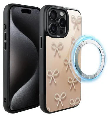 Zdjęcie produktu dla Etui do iPhone 15 Pro, kompatybilne z MagSafe, czarne matowe boki, kokardki z pereł